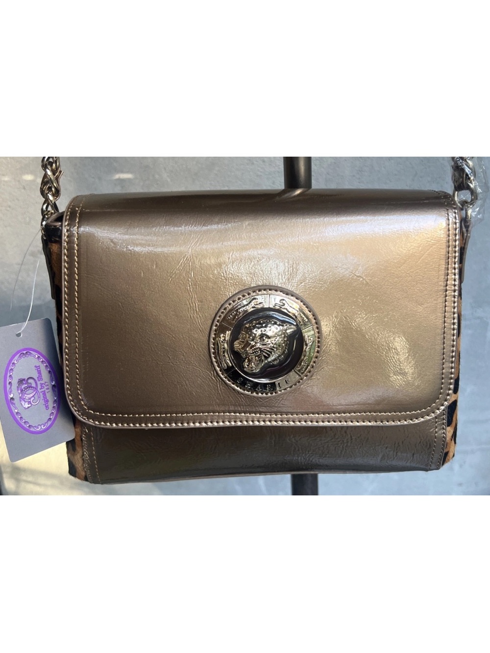 Metallic Taupe Leather Crossbody Bag with Chain Strap